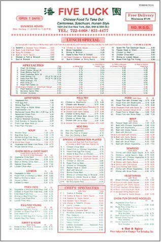 A page from the menu of the Five Luck restaurant in New York