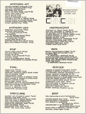 A page from the menu of the Restaurant Chinois restaurant in New York