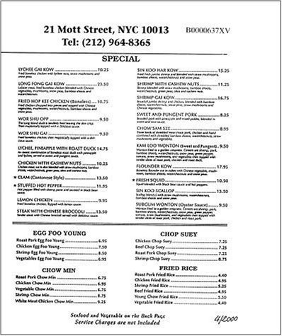 A page from the menu of the Hop Kee restaurant in New York