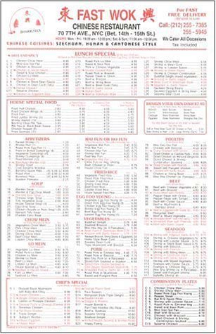 A page from the menu of the Fast Wok restaurant in New York