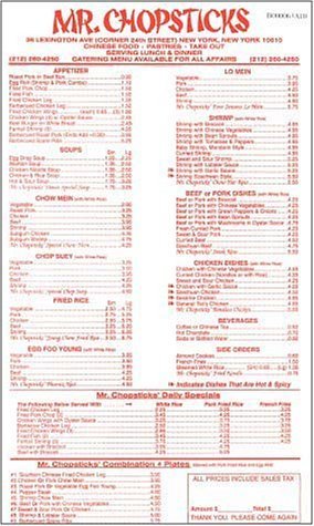 A page from the menu of the Mr. Chopsticks restaurant in New York