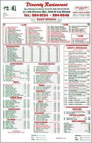 A page from the menu of the Dinersty restaurant in New York